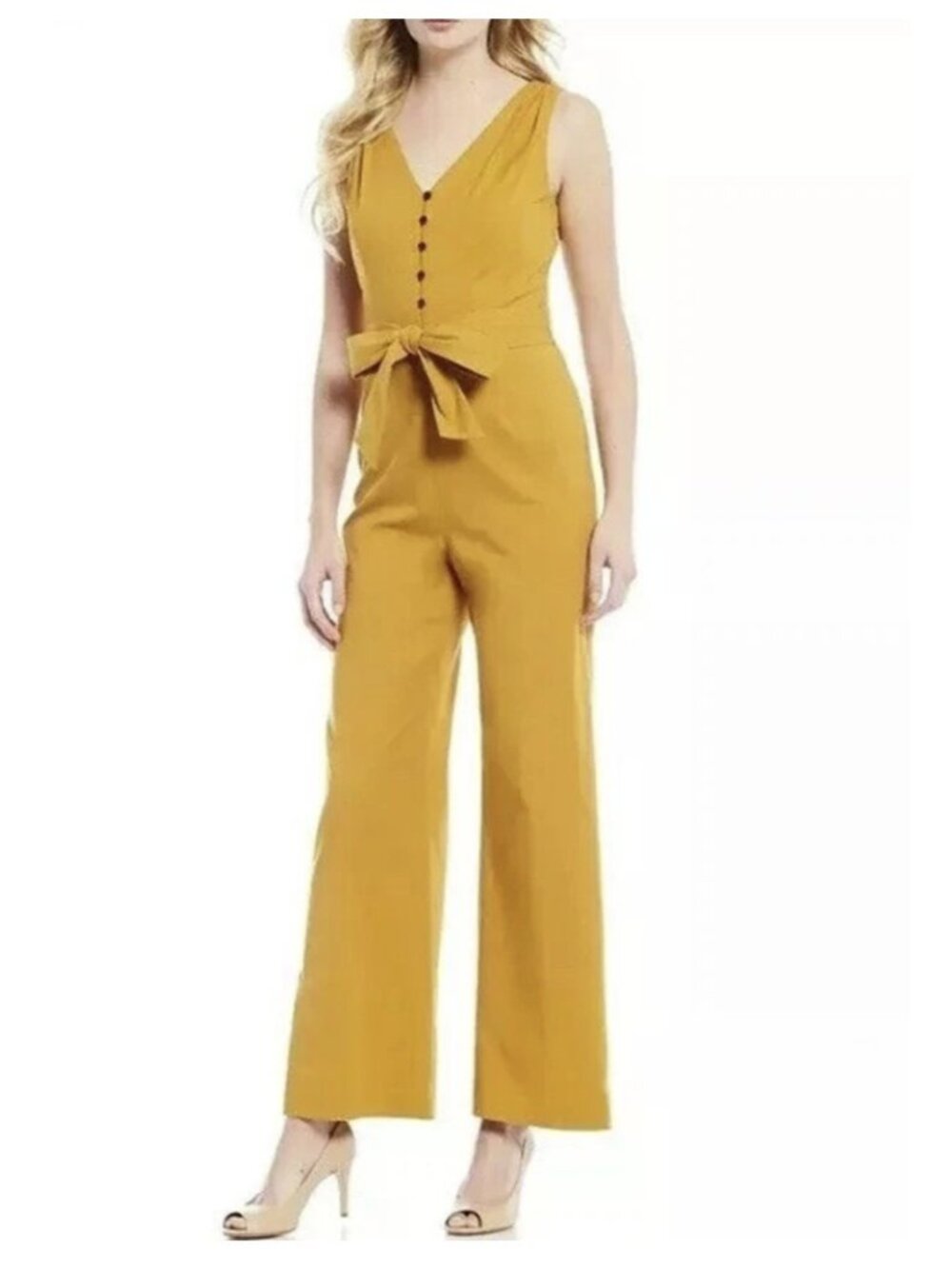 Antonio Melani Donna Button Front Belted Wide Leg Jumpsuit New Golden Oak Sz 14
